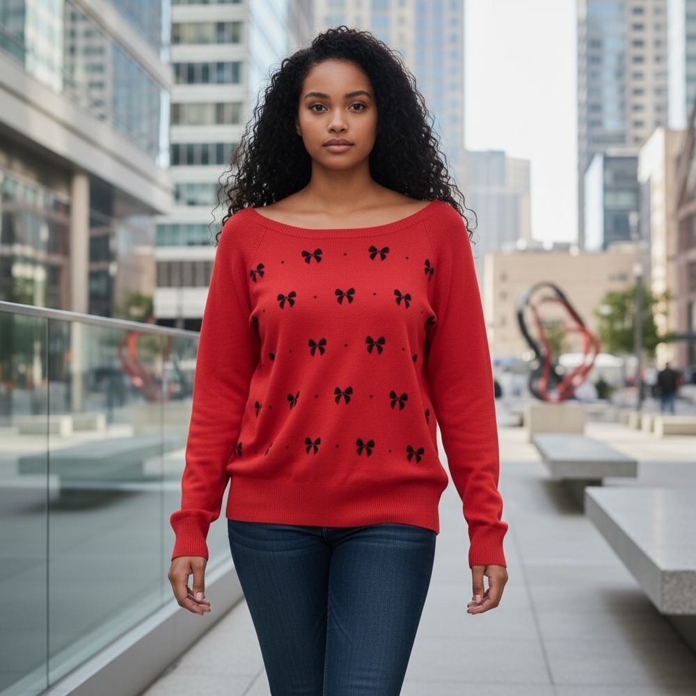 Torrid‎ Women's Size L Red Cotton Knit Sweater Black Bows Casual Travel Soft